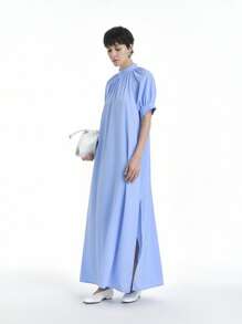 SHEIN Clasi Women's Elegant Casual Commuting Vacation Solid Color Mid-High Collar Raglan Sleeve Loose Side Slit Long Dress, Spring/Summer - Baby Blue - View 6