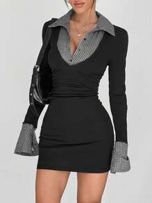SHEIN EZwear 黑白格子针织拼布迷你连衣裙，二合一造型，学院风女装 - 黑色 - 查看 5