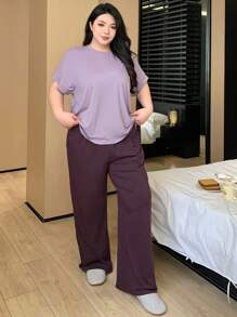 Dazy Plus Plus Size Women Solid Color Round Neck Loose Short Sleeve Top & Pants Pajama Set, Loungewear For All Seasons, Purple Pajama, Outfits - Purple - View 6