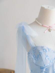 Soleia Vacation Women Romantic Floral Printed Mesh Layered Bowknot Mini Dress With A-Line Silhouette, Fit For Afternoon Tea Or Date,Summer Dresses For Women - Baby Blue - View 4