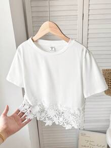 SHEIN Leap Crew Tween Girl Casual Comfortable Round Neck Short Sleeve Top - White - View 2