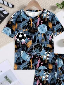 SHEIN Leap Crew Tween Boy Casual Minimalist Football Pattern Snug Fit Short Sleeve Shorts Pajama Set, Comfortable For Spring And Summer - Multicolor - View 3