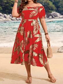 SHEIN Holidaya Bộ đồ liền thân hở vai in họa tiết nhiệt đới cỡ lớn, phong cách nghỉ dưỡng thường ngày - Đỏ - Xem 5