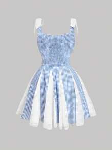SHEIN MOD 大码格子撞色蕾丝宽肩带蝴蝶结装饰迷你连衣裙 - 藍白色 - 查看 2