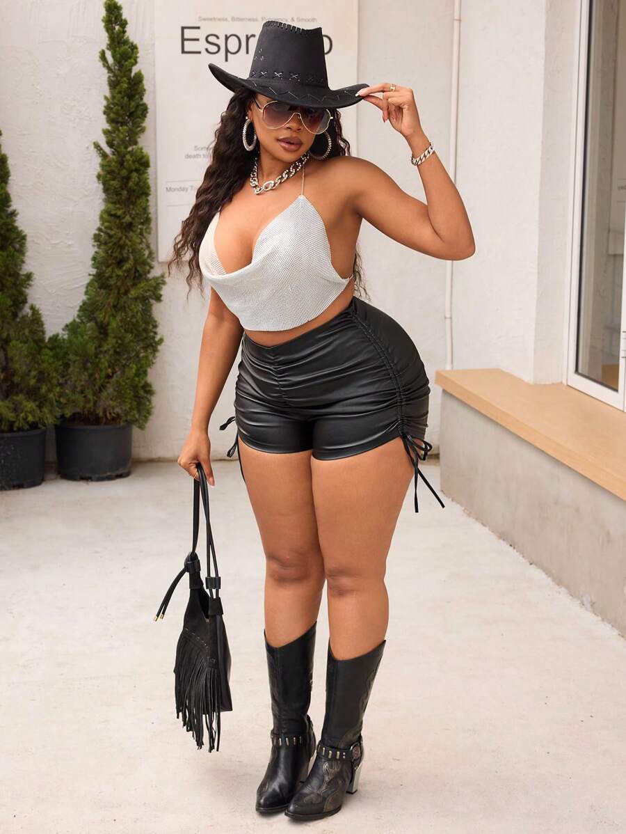 SHEIN Plus Size Women Elastic Black Coated Shorts With Drawstring Waist & Ruched Design, Fitted Shorts Summer For Women Festival Cowgirl For Women Party Denim Shorts - Black - View 1