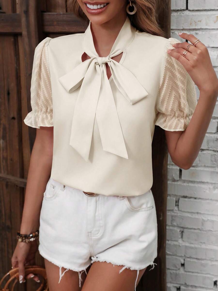 SHEIN Clasi Women's Solid Color Tie-Neck Short Puff Sleeve Elegant Blouse - Beige - View 1