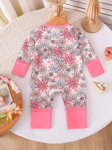 Baby Girl Floral Print All-In-One Long Sleeve Jumpsuit, Lightweight, Casual, Spring/Summer, Light Pink - Baby Pink - View 2