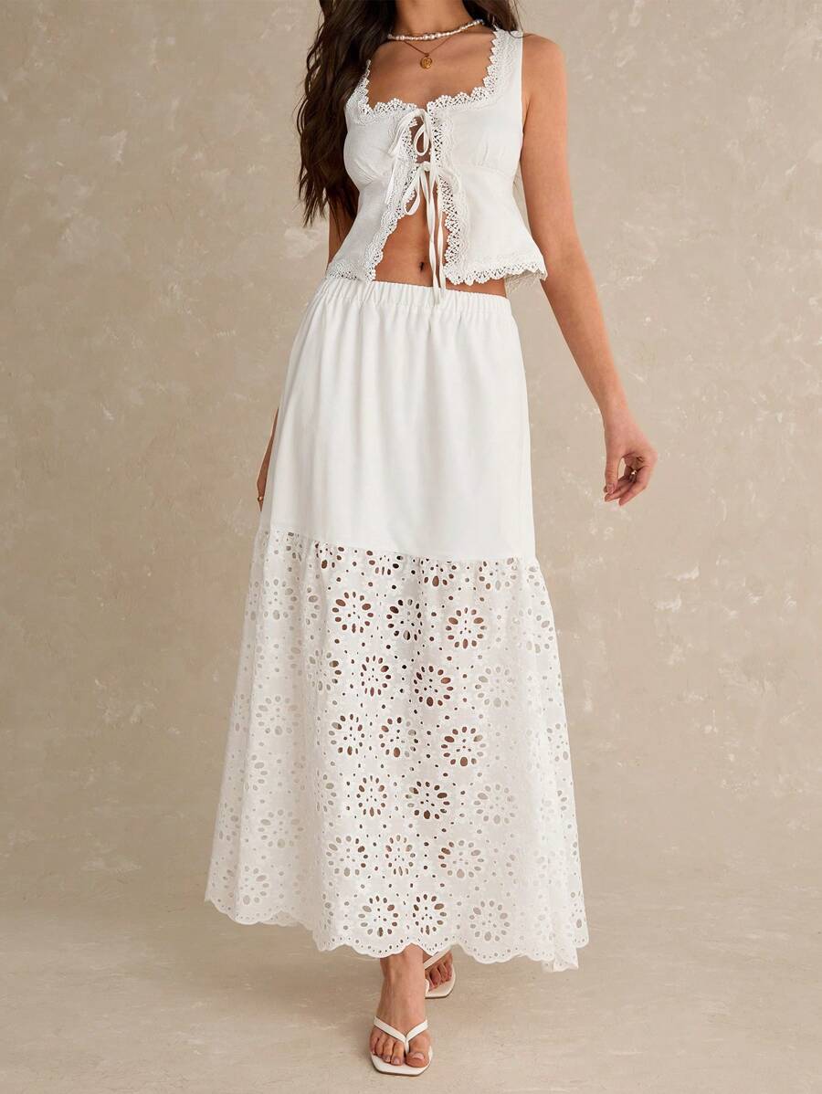 Poéselle Long White Skirt,White Skirts For Women,Hollow Embroidered Fabric,Boho,Women's Vacation Casual Solid Hollow Out Embroidery Patchwork Skirt Women Skirts Summer Skirts For Women - White - View 1