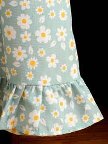 SHEIN Leap Crew Baby Girl Cute Ditsy Floral Lace Trim Contrast Collar Short Sleeve Ruffle Dress Nightgown - Green - View 5