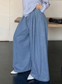 Dazy Plus Solid Washed Blue Extra Loose Wide Leg Tie-Waist Elastic Waist Denim Palazzo Pants - Blue - View 5
