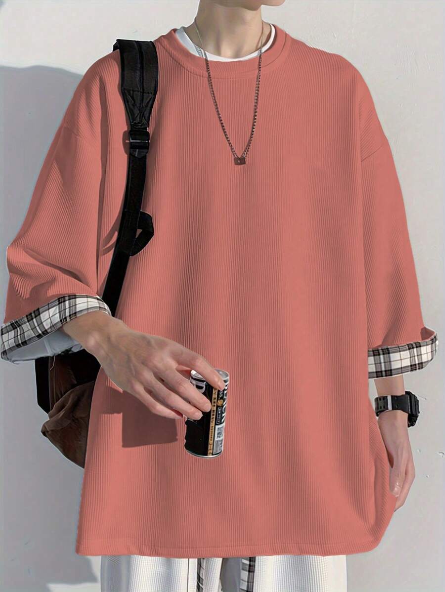 Claim Dot 宽松男士格子袖口圆领休闲 T 恤 - 粉色 - 查看 1