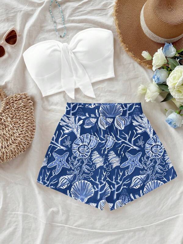 Soleia 休闲沙滩风格蓝色贝壳手绘短款上衣和短裤套装，女士两件套夏季沙滩装