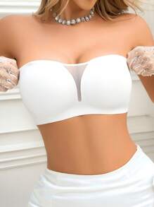 NudeFit 1pc Seamless Solid Color Wireless Adjustable Strap Removable Padded Net Insert Women Wedding Casual Comfort Bra - White - View 3