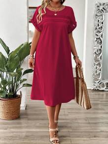 Vestido suelto y casual de cuello redondo y hombros caídos con encaje de contraste, estilo minimalista para el verano, talla grande - Rojo - Ver 3