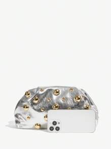 SHEIN SXY Tas Clutch Wanita, Modis, Elegan, Sederhana, Dipersonalisasi, Serbaguna, Klasik, Emas, Paku Keling Ukuran Asimetris, Untuk Perjalanan, Kantor, Kencan, Sehari-hari, Belanja, Minum Teh Sore - Perak cerah - View 5