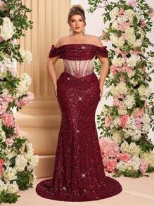 Glamrae Robe de soirée longue de luxe avec épaules transparentes et cristaux strass à la taille, look sirène pailleté élégant, parfait pour une invitée de mariage