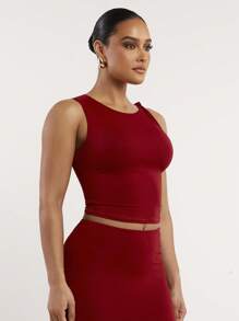 Silquee 性感女式高端纯色勃艮第红色无袖扭结设计休闲紧身春夏性感短款女士背心，基本款廓形，采用柔软有弹性的亲肤面料 - 酒紅色 - 查看 3