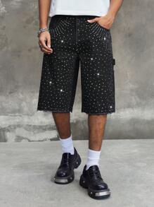 ROMWE MEN ROMWE Avant Pantalones cortos vaqueros (jorts) de hombre con decoración de strass, de moda de vanguardia para el verano