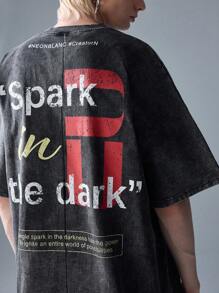 NEON BLANC Camiseta de manga corta con cuello redondo y estampado de letras, de corte holgado y color marrón, para hombre, de moda urbana