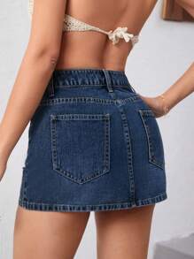 SHEIN Essnce Women's Summer Casual Washed Ripped Denim Mini Skirt - Dark Wash - View 3