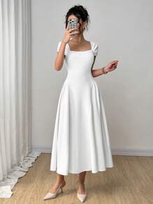 Firerie Vestido de unicolor elegante con cintura ceñida, conjuntos de verano para mujeres, atuendos de vacaciones en la playa, vestido de graduación/blanco, vestido de fiesta, atuendos de brunch para mujeres, vestido de invitada de boda - Blanco - Ver 4