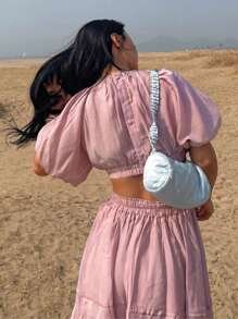 DAZY Women's Round Neck Waist Cinched Hollow Out Puff Sleeve Mid-Length Dress,Ruffle - Pink - View 2