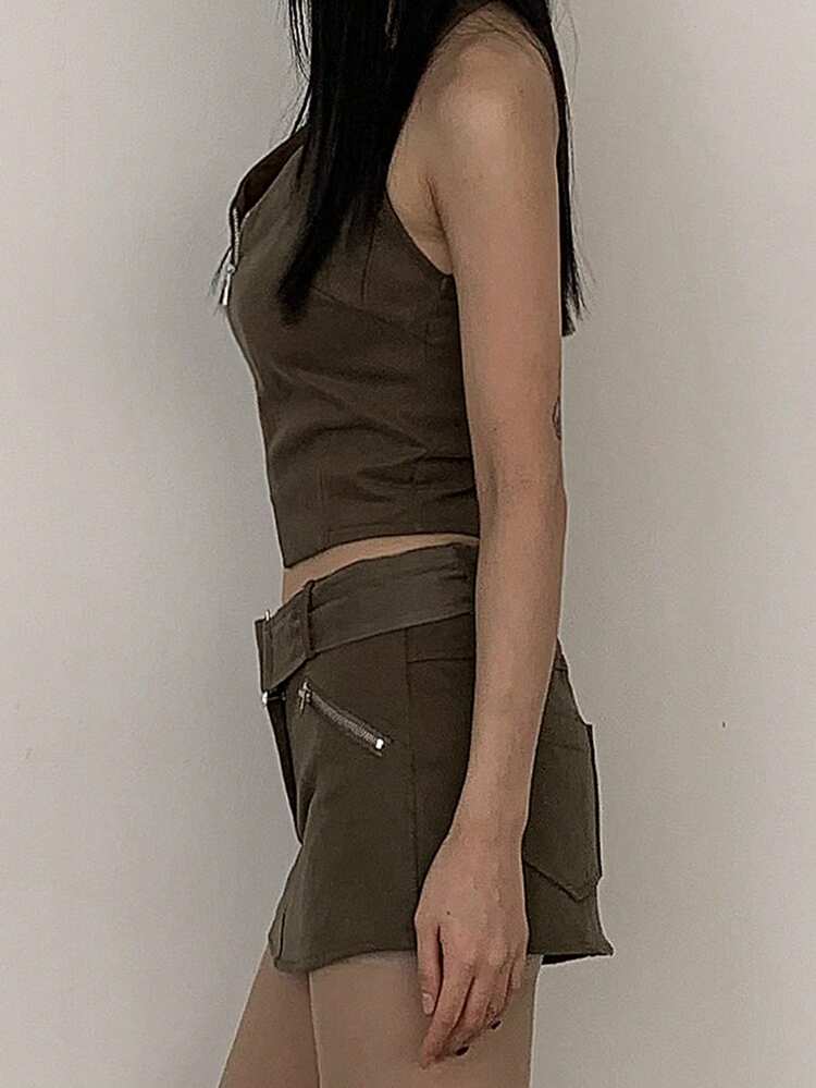 Women's Solid Color Zip-Up Crop Sleeveless Jacket, Summer