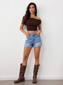 SHEIN Tall Women's Distressed Denim Shorts, Casual Form-Fitting, Blue High Waisted Shorts  Women Summer Outfits Summer Outfits For Women Summer Shorts Women Shorts High Waisted Shorts Tall Women Clothes Tall Women Jorts Women Shorts Jeans Shorts