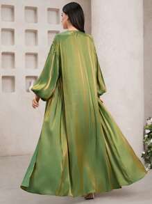 Veilorie 2 件套：金属线花卉印花透明和服，配金属丝带饰边，内配金属腰带和 A 字形吊带裙，朦胧蓝色 - 綠色 - 查看 3