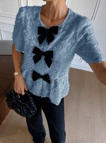 SHEIN Frenchy Women's Summer Elegant Solid Color Textured Bow Decor Blouse