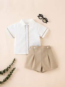 Souflis Souflis 2 Stücke/Set Kleinkind Jungen Frühling/Sommer Polo Kragen Kontrast Farbrand Kurzarm Hemd + Plissee Shorts, Hochzeit/Valentinstag Outfit - Khaki - Übersicht 3