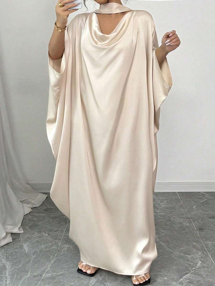 Celure Plus Size Woven Fabric Crinkle Elegant Quality Loose Flare Collar Long Tie Batwing Sleeve Dress For Women