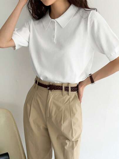 DAZY Women Polo Collar Half-Zip Loose Short Sleeve Commuting Casual Knit Top
