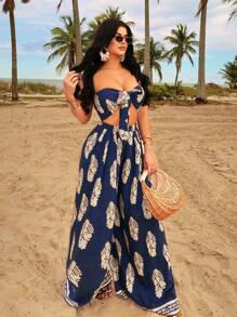SHEIN SXY 波西米亚风休闲夏日度假套装，蓝色复古印花全身度假装，系带前短款上衣 + 超阔腿裤 2 件套，适合音乐节、派对、节日、日常穿着 - 彩色 - 查看 4