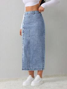 SHEIN Tall Falda vaquera de mujer, casual y holgada, con abertura lateral, azul, midi, para mujeres altas, falda azul claro, falda azul, ropa de invierno para mujer