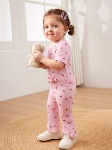 Cozy Pixies Baby Girl Floral Print Knitted Soft Round Neck Short Sleeve Pullover Top And Flared Pants 2 Pieces Set - Multicolor - View 4