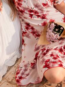 CottageSlumber Red Floral Print Ruffle Hem Bubble Wrinkle Women Nightdress - Apricot - View 7