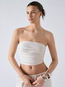 LYSMO 2pcs Women Summer Casual Solid Color Ruched Bustier Top And Wide Leg Pants Set - Beige - View 4