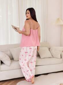 SHEIN Plus Size Solid Color Cami Top And Printed Pants Pajama Set, Outfits  Cozy And Elegant Details - Pink - View 2