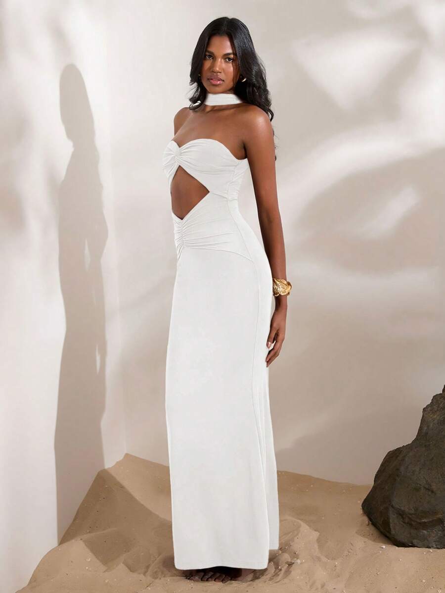 Opulessa 1pc Women Solid Color Knitted Form-Fitting Backless Sleeveless Dress - White - View 1