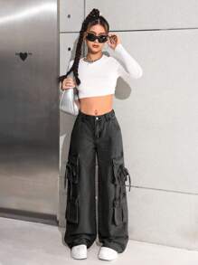 SHEIN Teen Girls Grey Denim Long Cargo Jeans With Zipper And Drawstring Detail - Grey - View 6