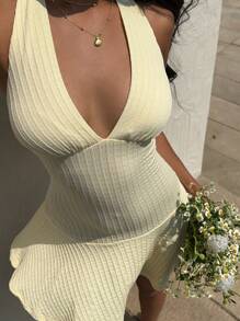 SHEIN Unity Deep V-Neck Halter Backless Short Dress, Low Neckline Versatile Slim Fit Mini Dress - Yellow - View 8