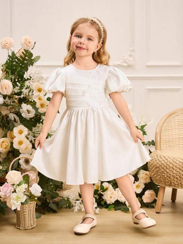 SHEIN Glamorique Kids Young Girl Flower Embroidery Puff Sleeve Dress, Summer