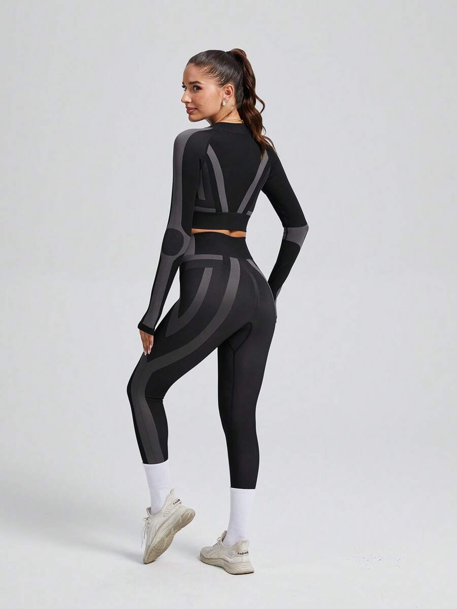 Easithlete 欧美风格运动瑜伽套装，高腰瑜伽裤和健身夹克，2件套 - 黑色 - 查看 1