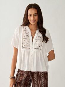 Florisole Blusa suave de mujer con decoración de botones, bordado y patchwork de encaje vintage de otoño