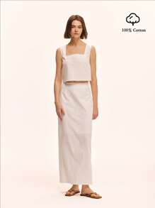SHEIN Unity 2 件套：方领棉质无袖背心和裙子，休闲家居服和节日装，春夏新品 - 白色 - 查看 3