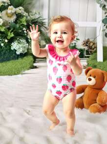 Baby Girls Cute Strawberry Print Ruffled One Piece Swimsuit,Backless Bow Embellished Swimsuit - Pink - View 5