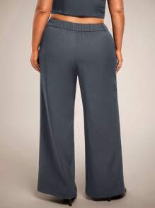 SHEIN BAE Pantalones largos de mujer de talla grande para primavera/verano, de corte holgado/ajustado, negros con bolsillos, de pierna recta y ancha, de oficina, de tiro bajo/medio, aptos para salidas de San Valentín, meriendas, trabajo, escuela, carnavales, playa, vacaciones, vuelta al cole, chica cool