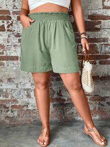 EMERY ROSE Plus Size Solid Color Casual Shorts, Fashionable For Summer Summer Outfits For Women Shorts For Women Summer Outfits For Women - Mint Green - View 3