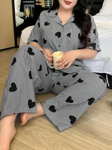 Dazy Plus 加大码两件套心形和条纹印花宽松睡衣套装，包括睡衣衬衫和裤子、服装 - 灰色 - 查看 3